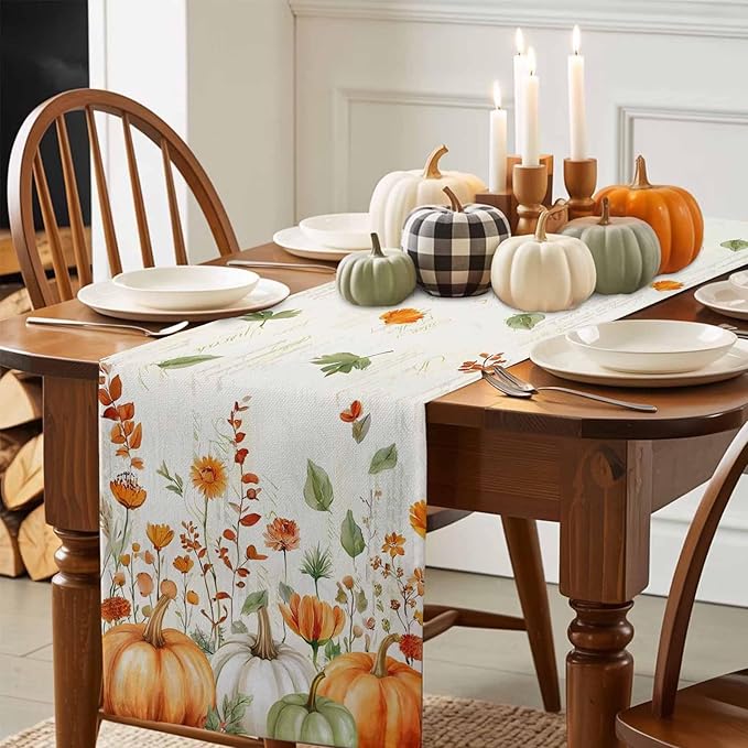 Fall Wildflowers Cotton Linen Table Runner for Dining Kitchen, Thanksgiving Pumpkin Outdoor Party Rustic Tablerunners Decoration, Botanical Floral Vintage Dresser Scarf Tablecloth Runners 13x36 Inches