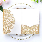 ponatia 5.12 x 7.2 Laser Cut Invitation Pocket, 20PCS Tri-Fold 5 x 7 Laser Cut Wedding Invitation Pockets with Envelopes for Wedding Bbay Shower Birthday Invite (Gold Glitter, No Inner Sheet)