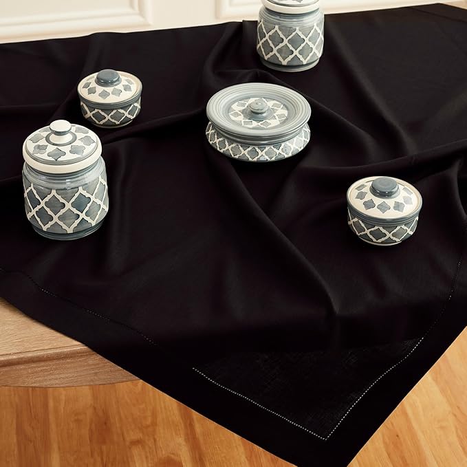 Solino Home Black Linen Tablecloth 52 x 52 Inch - 100% Pure Linen Square Table Throw - Classic Hemstitch, Machine Washable Table Cloth for Fall, Autumn, Halloween, Thanksgiving, Holiday