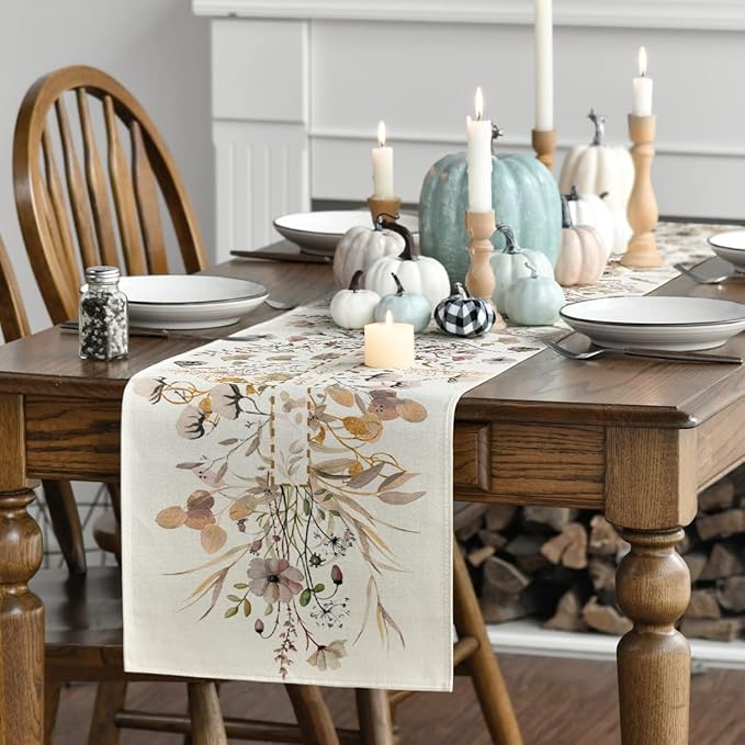 Artoid Mode Wildflower Leaves Floral Fall Table Runner, Autumn Thanksgiving Kitchen Dining Table Decoration for Indoor Outdoor Home Party 13x108 Inch