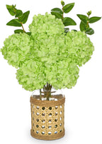Hollyone Green Hydrangea Artificial Flowers in Woven Glass Vase with Faux Water Silk Hydrangeas Fake Flowers Floral Arrangement for Home Indoor Bathroom Kitchen Office Table Centerpiece Shelf Decor
