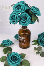 N&T NIETING Artificial Flowers Foam Roses 25 pcs Peacock Green Fake Roses w/Stem for DIY Home Decor Indoor Outdoor Centerpieces Arrangements Bouquets