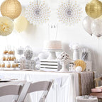 White Gold Party Decorations Streamers - 14pcs Christmas Wedding Engagement Paper Lanterns Fan,Tissue Pom Poms,Honeycomb Balls,Bachelorette Neutral Birthday Baby Bridal Shower Decor Lasting Surprise
