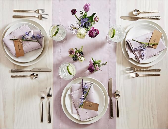 Solino Home Linen Table Runner 60 Inches - 100% Pure Linen Lilac Hemstitch Table Runner 14 x 60 Inch Ideal for Dresser and Coffee Tables - Classic Hemstitch