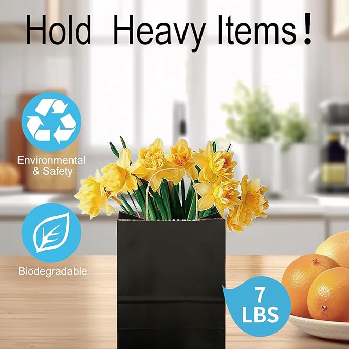 BAG BOX 50 Pack Small 5.9x3.1x8.25 Inch Black Kraft Paper Gift Bags with Handles for Bulk Shopping, Retail, Craft, Party Favors, Wedding, Grocery & Sacks
