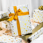 Burymento Gold Foil Five-Pointed Star Wrapping Paper, Reversible Gold Gift Wrap for Birthday, Valentines, Mothers day, Graduation, Wedding, Fathers day, Baby Shower, Christmas (17in x 32.8ft)