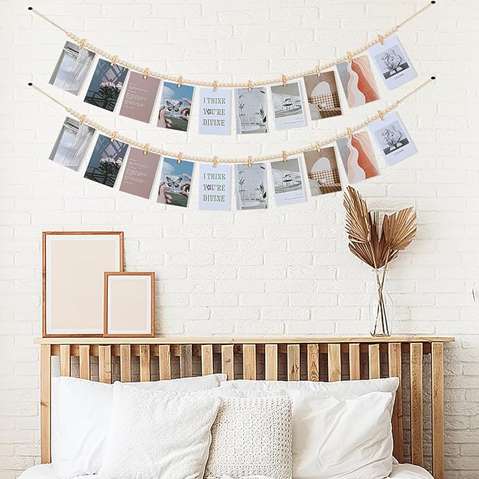 Hanging Photo Display with Clips, Boho Wooden Bead Garland Collage Picture Frame Wall Decor, Photo String with 10 Clips for Bedroom Room Dorm Cubicle Decor, Christmas Teen Girls Gifts, 3 Pack