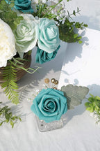 Floroom Artificial Flowers 25pcs Real Looking Green Ombre Colors Foam Fake Roses with Stems for DIY Wedding Bouquets Bridal Shower Centerpieces Floral Arrangements Party Tables Home Decorations