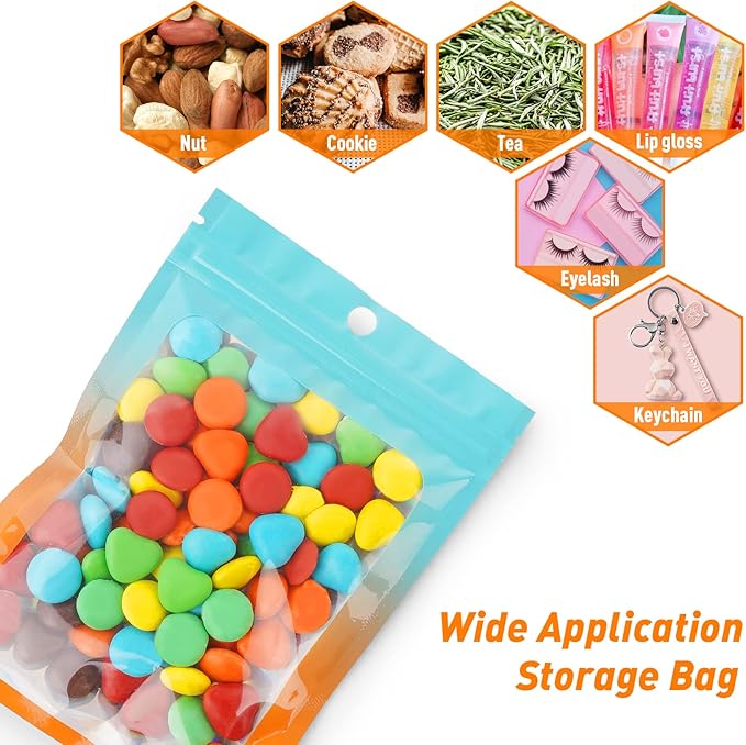 Funfery 100 Pack Gradient Holographic Bags,Resealable Mylar Bags with Zipper,Clear Window Packaging Pouch,Plastic Smell Proof Bags for Food Storage,Sample Jewelry Baggies(4.7×7In,Blue Orange)