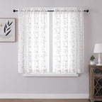 VISIONTEX White Sheer Voile Curtains, Decorative Orange Leaves Embroidery Faux Linen Rod Pocket Window Drapes for Home Kitchen, Living Room and Bedroom 54 x 54 Inch, Set of 2 Curtain Panels
