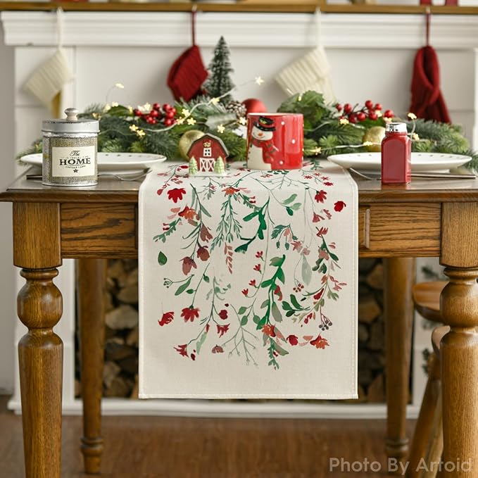 Artoid Mode Floral Leaves Christmas Table Runner, Wild Flowers and Grasses Winter Kitchen Dining Table Decoration for Home Party Decor 13x108 Inch