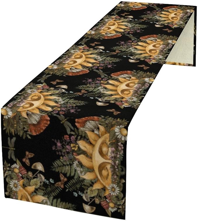 Sun Moon Table Runner, Bohomian Mushroom Daisy Table Gothic Dragonly Butterfly Table Center Decor Table Runner for Indoor Outdoor Party Kitchen Dinner Black, 13x120 Inch