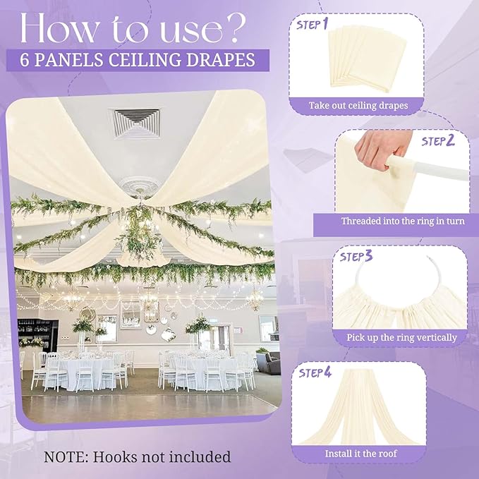 6 Panels Ivory Wedding Curtains - 5ftx30ft, Romantic Cheesecloth Sheer Drapes for Arch, Draping Fabric, Party & Ceremony Staging