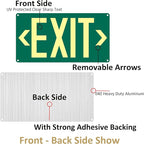 2Pack Photoluminescent Exit Sign Green - 14.25"x 7.5" Aluminum Glow In The Dark- Adhesive Backing- Includes 4pcs Removable Arrows