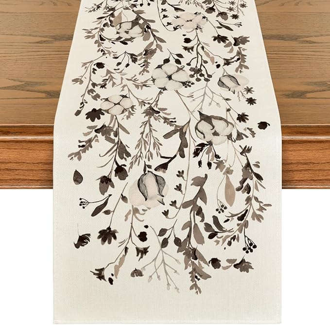 Artoid Mode Leaves and Flowers Cotton 210 GSM Winter Table Runner, Seasonal Christmas Kitchen Dining Table Decoration for Home Party Decor 13x120 Inch