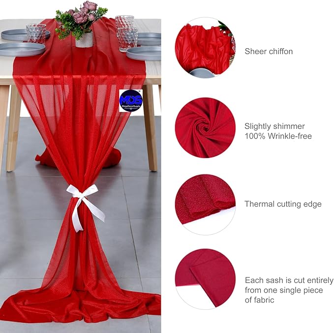 MDS Halloween Chiffon Table Runner - 5 Pack, 29 x 170 Inches, 14ft Each - Sheer Spooky Table Runners for Haunted House Parties, Trick-or-Treat Tables, Witchy Décor, Wedding & Events - Red