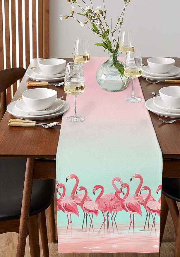 Tropical Flamingo Cotton Linen Table Runner for Dining Kitchen, Wedding Outdoor Party Tablerunners Decoration, Pink Bird Coastal Nautical Animal Dresser Scarf Coffee Tablecloth Runners 13x72 Inches