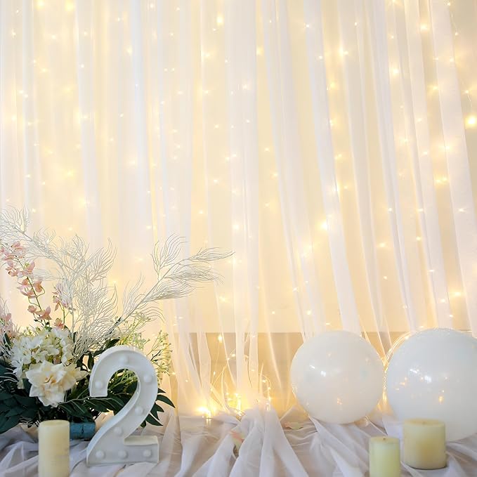 White Tulle Backdrop Curtain with Lights String for Parites 10×8ft Sheer Backdrop Curtains White Curtain Backdrop for Wedding Baby Shower Birthday Party Photo Shoot Decorations(2 Panels 10ft×8ft)