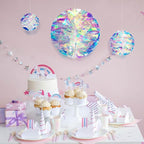 ZYOOO 3pcs Iridescent Honeycomb Balls,Shiny Rainbow Foil Ceiling Hanging Flowers for Wedding,Birthday,Theme Party Decoration(6" 8" 10")
