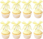 24 PCS Bow Cupcake Toppers Bow Cupcake Picks Bowknot Birthday Party Decorations Bowknot Cake Dessert Picks for Baby Shower Birthday Wedding Bridal Engagement Party Cake Decorations Supplies Yellow