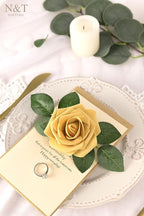N&T NIETING Artificial Flowers 50pcs Real Looking Gold Yellow Foam Fake Roses with Stems for DIY Wedding Bouquets White Bridal Shower Centerpieces Arrangements Party Tables Decorations