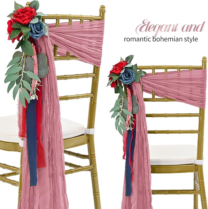 50 PCS Cheesecloth Chair Sashes Bows Wedding Aisle Decorations Chair Ribbon Ties Back Sash for Wedding Party Events Banquet Chair Cover Decoration (Dusty Rose)