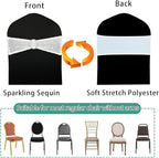 50 Pcs Chair Sashes Sequin Stretch Chair Bands Spandex Polyester Bows for Party Hotel Wedding Banquets Decoration - White