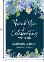 Andaz Press Personalized Extra Large Wedding Easel Board Party Sign, 12x18-inch, Baby Blue Hydrangea Floral Flowers on Navy, Thank You for Celebrating With Us Bride Groom Name Date, 1-Pack, Custom