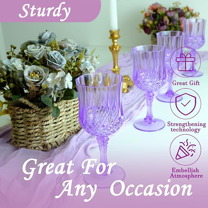 Plastic Wine Glasses，Plastic Goblets Vintage Style Cordial Drinking Glasses for Wedding Reception, Grand Event Party Supplies (48, Purple)