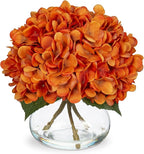 Hollyone Orange Fall Hydrangea Artificial Flowers for Decoration with Vase Silk Fake Flowers Arrangements in Glass Vase with Faux Water Autumn Festival Table Centerpiece Fall Decorations for Home