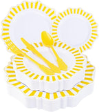 COLOSUS 150pcs Disposable White Lemon Yellow Striped Plastic Party Plates and Silverware set, Yellow Dinner/Dessert Plates silverware 30guests for Easter Birthday Weeding Party and Daily use.