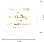 Andaz Press Personalized Round Circle Wedding Gift Tags, Metallic Gold Ink, Thank You for Celebrating with US, 24-Pack, Custom Made Any Name, Baby Bridal Shower, Baptism, Graduation, Business