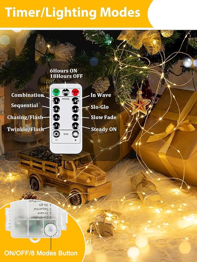 6 Pack Each 33FT 100LED Fairy Lights Battery Operated with Remote, Waterproof Twinkle Lights with Timer, Cuttable String Light Indoor & Outdoor for Bedroom Classroom Wedding DIY Christmas (Warm White)