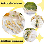 Liacere 150PCS Clear Gold Plastic Plates - Disposable Plastic Silverware with Glitter Bamboo Handle Cutlery-Baroque Clear Gold Disposable Plates for Wedding & Party & Thanksgiving &Fall Decor