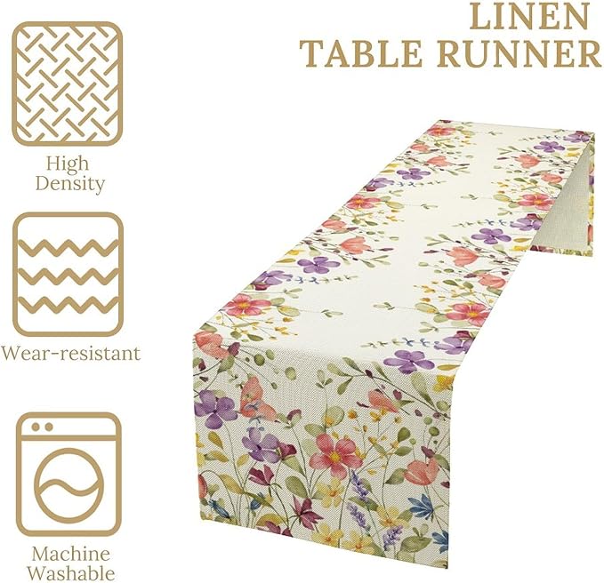 Floral Table Runner,Flowers Plant Print Spring Table Runner for Kitchen Dining Table Decoration for Home Party Decor 13x36 Inch