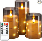 NURADA Flickering Flameless Candles: Built-in Star String Lights 3D Wick Acrylic Battery Operated LED Pillar Candles with Remote and Timer for Fall Halloween Christmas Home Decoration - 3 Pack Gray