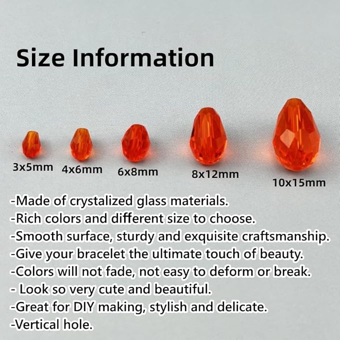 130pcs 6x8mm Teardrop Crystal Glass Beads for Jewelry Making, Faceted Vertical Hole Teardrop Glass Spacer Beads for Wind Chimes Bracelet Earring Necklace DIY Craft(Orange)