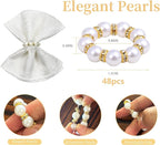 48 Pcs Gold Disposable Napkin Rings, Delicate Pearl Napkin Ring Holder, White & Golden Beaded Serviette Buckles for Formal Wedding Dinner Home Decor Party Supplies