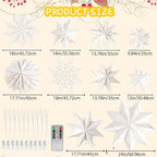 10 Pcs Christmas Paper Snowflake Lanterns, Large Christmas Paper Star Lanterns with LED Lights White Hanging Snowflake Lamp Ornaments for Xmas Winter Frozen Weddings Birthday Holiday Party Decorations