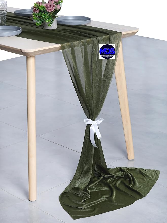 MDS Halloween Chiffon Table Runner - 25 Pack, 29 x 170 Inches, 14ft Each - Sheer Spooky Table Runners for Haunted House Parties, Trick-or-Treat Tables, Witchy Décor, Wedding & Events - Olive Green