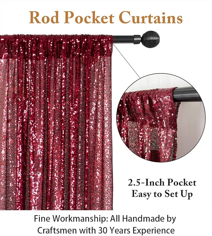 ShinyBeauty Sparkle Backdrop Curtain Burgundy 2 Panels Set Sequin Photo Backdrop Wine 2FTx8FT Sequin Backdrop Curtain Pack of 2-1220S