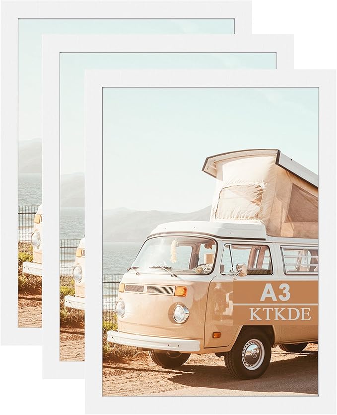 KTKDE A3 Poster Frame White Woodgrain Picture Frame-11.7x16.5in Set of 3- Photo Frame,Certificate Frame with Plexiglass for Wall Mount or Table Top Display