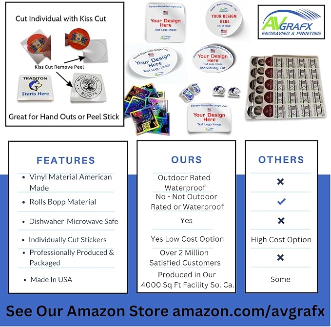 avgrafx 120 2.5x2.5 Round Custom Personalized Stickers Labels Vinyl Waterproof Dishwasher Safe, Made USA, Your Text, Image,Business Logo
