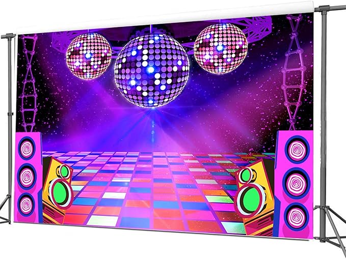 Dance Party Backdrop Retro 80s 90s Theme Stage Dance Ball Music Birthday Party Decoration DJ Photography Background 8 x 6 ft for Baby Shower Picture Photo Shoot Polyester Fabric,Purple