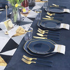 KIRE 140Pcs Blue Plastic Plates with Gold Rim - Gold Disposable Plastic Silverware with Blue Handle&Clear Cups&Hand Napkin - Geometric Party Plates for Holiday/Party