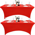 2-Pack 4ft Red Spandex Table Covers for Rectangular Folding Tables - Wrinkle Resistant Stretch Tight Table Cloths - Ultimate Fitted Table Protector for Parties, Banquet, and Wedding