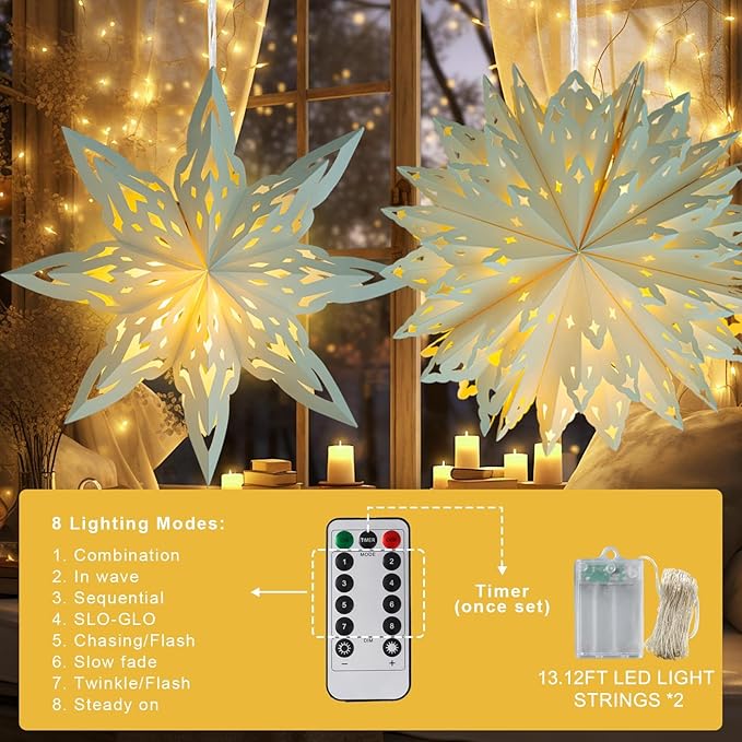 Christmas Paper Snowflake Lanterns, 2 Pack Christmas Paper Star Lantern with LED Light White Hanging Lamp Ornaments for Xmas Tree New Year Winter Frozen Weddings Birthday Holiday Party Decorations