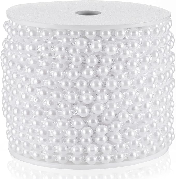 Half-Round Pearl Bead Garland String 27 Yards, 6MM Flat Pearl Beaded Spool Roll Crafts for Wedding Party Decoration(White)
