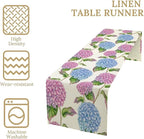 Spring Hydrangea Flower Table Runner, Seasonal Summer Plants Watercolor Pink Purple Florals Dinner Runner for Home Kitchen Dining Table Party Holiday Decoration 13"x60"