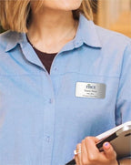 Custom Name Tag with Logo - Personalized Name Badge with Magnet Backing - Choose Your Size and Color (Silver Metal 3"x1.5" - Logo on Top)